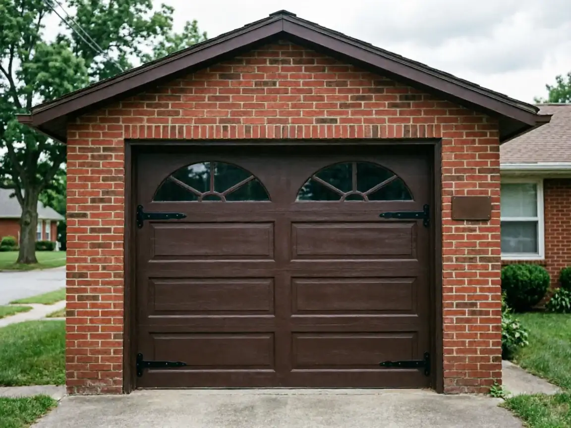 A brown garage door with decorative windows is set in a brick garage.