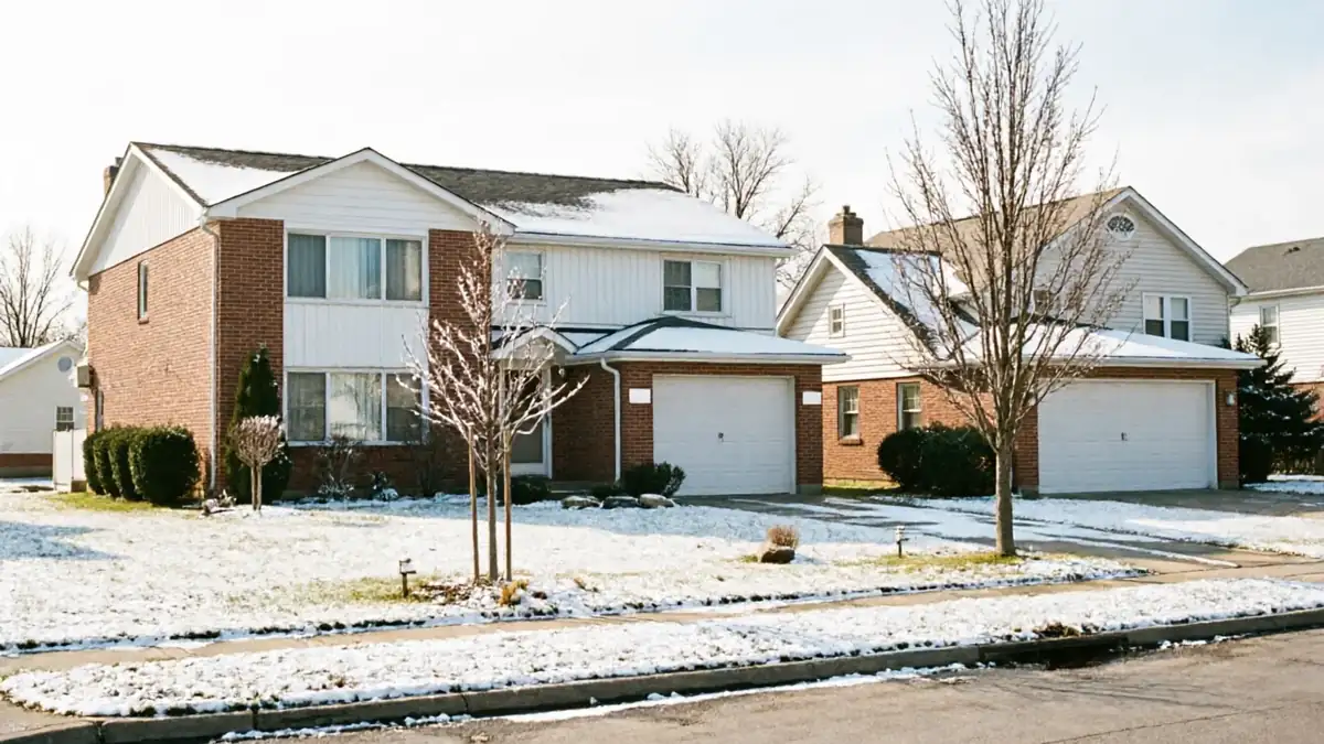 Two houses with white garage doors are visible on a snowy day.