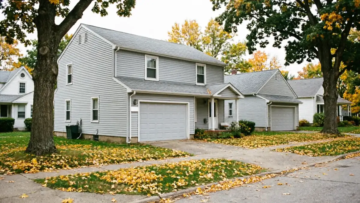 A gray house with a garage door stands on a street with fallen autumn leaves.
