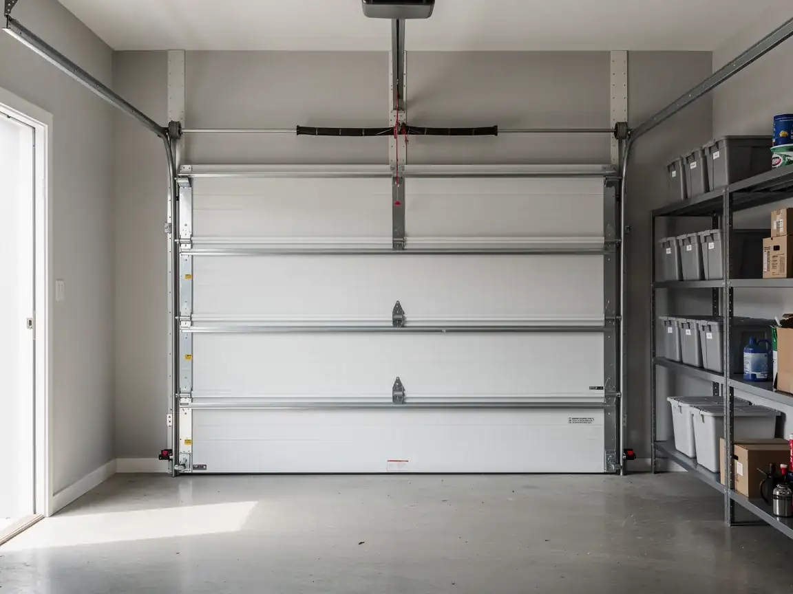 The white garage door is partially open, revealing the interior of a garage with shelves.