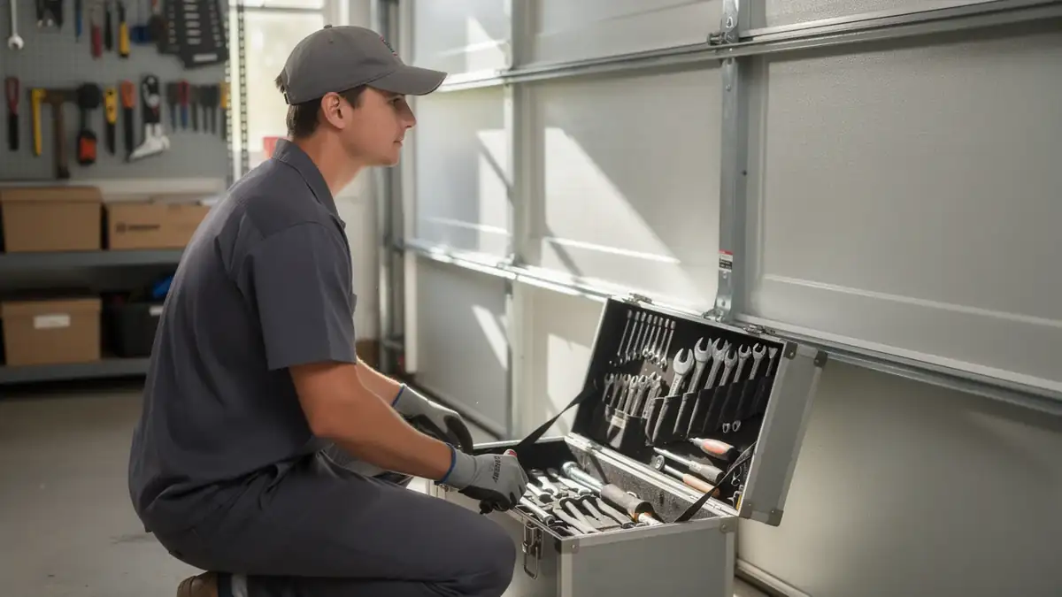 A technician kneels with an open toolbox in front of a white garage door.