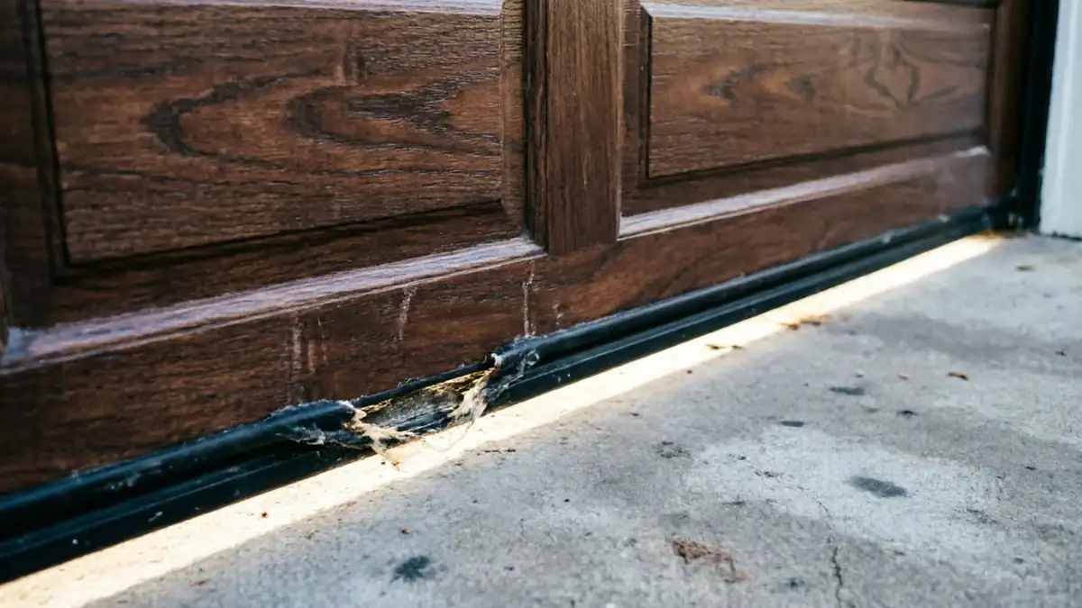 The bottom of a brown garage door has a damaged weather seal.