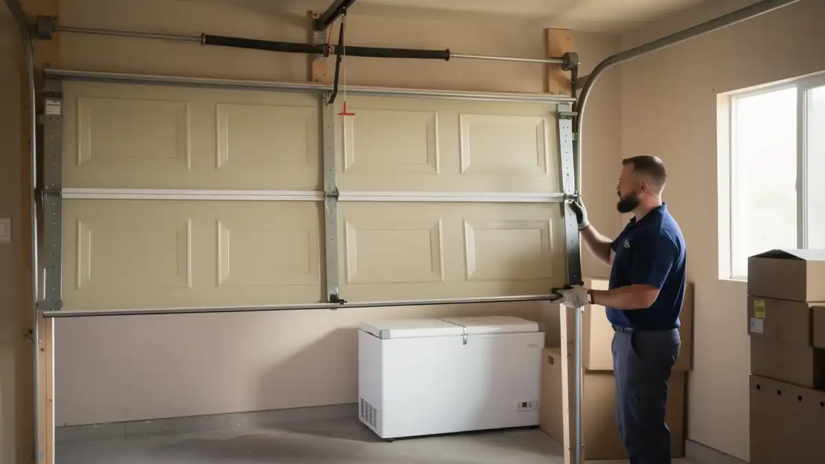 A technician in a blue shirt and gloves works on a beige garage door.